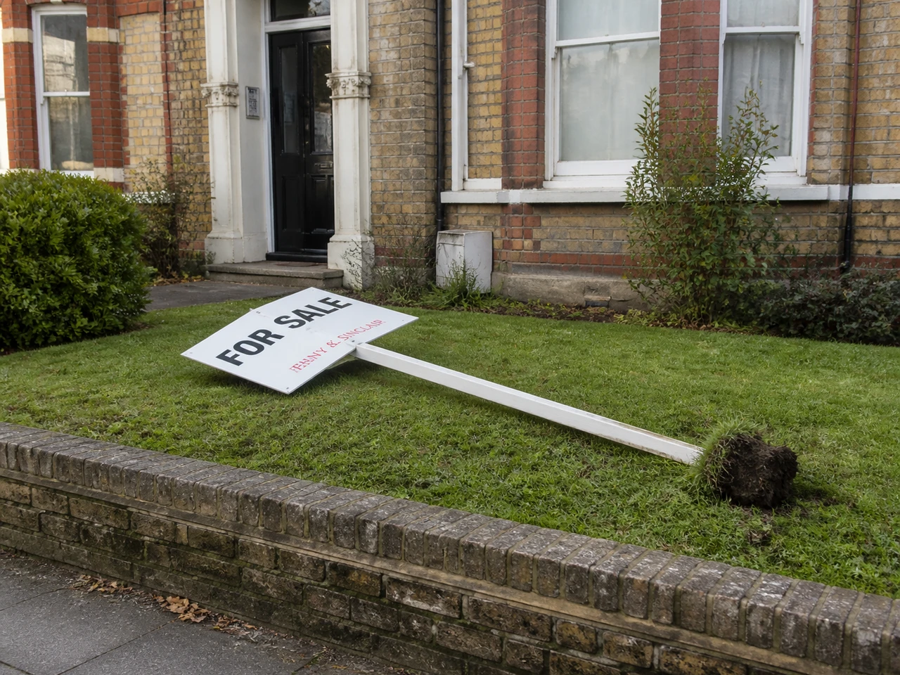 A traditional UK estate agent FOR SALE sign that has fallen over and is lying across the front lawn of a London Victorian flat conversion, the wooden post uprooted from the ground