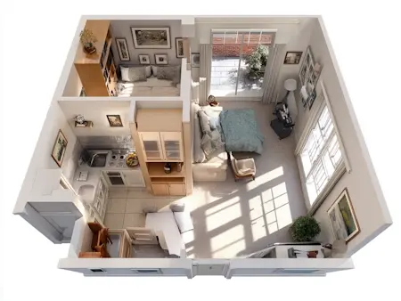 Zoned or L-shaped studio flat with separate sleeping area